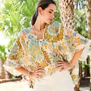 NWT Rynn Linen Poncho/Blouse Sugar Mill Damask Flax